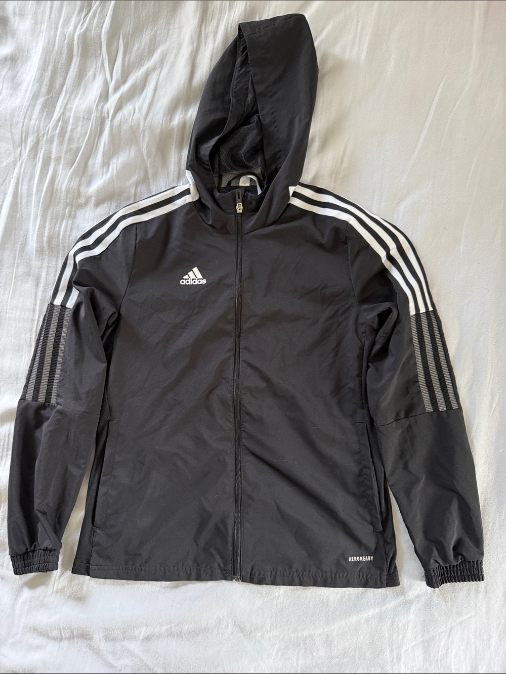 adidas Black Hooded Windbreaker with White Shoulder Stripes